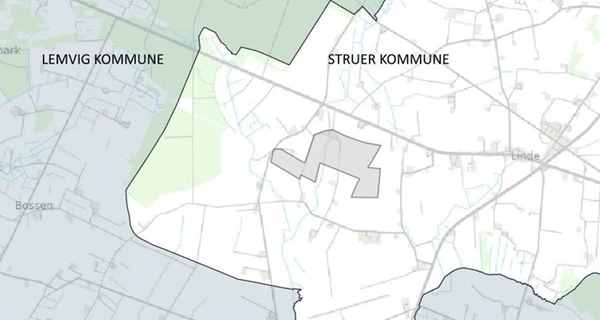 tegnet kort, der viser arealer i spil til solcelleanlæg